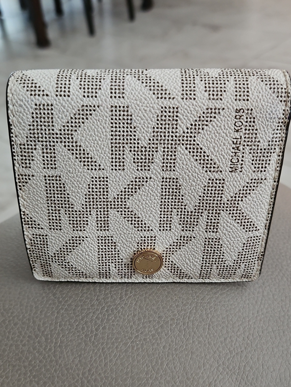 Michael Kors White and Brown MK Logo Compact Wallet